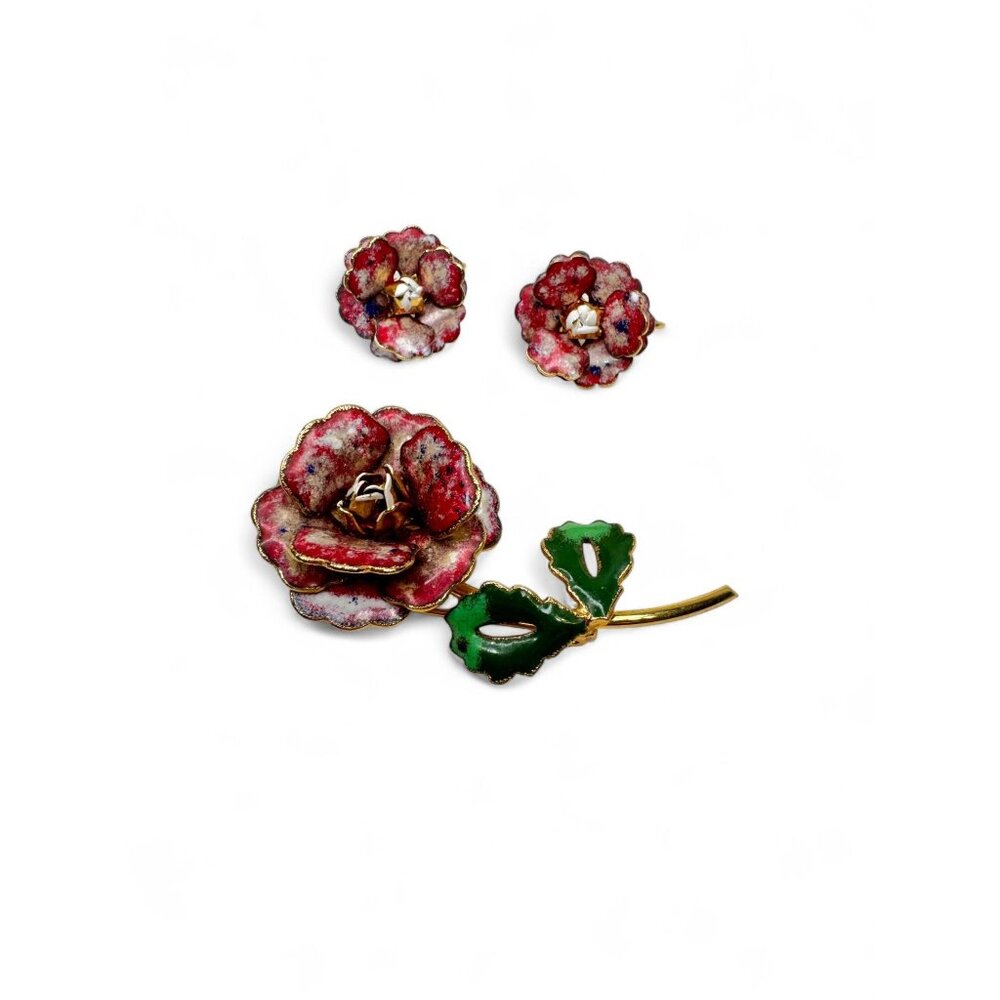 Vintage Red Green Enameled Layered Flower Brooch Clip-On Earrings Set